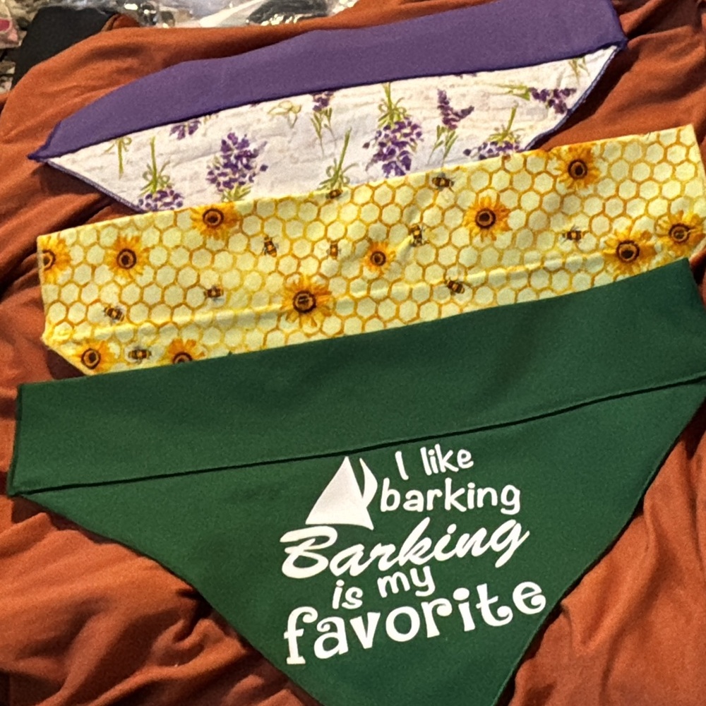3 Green yellow and purple Dog Bandana with Fun Print these are reversible size L